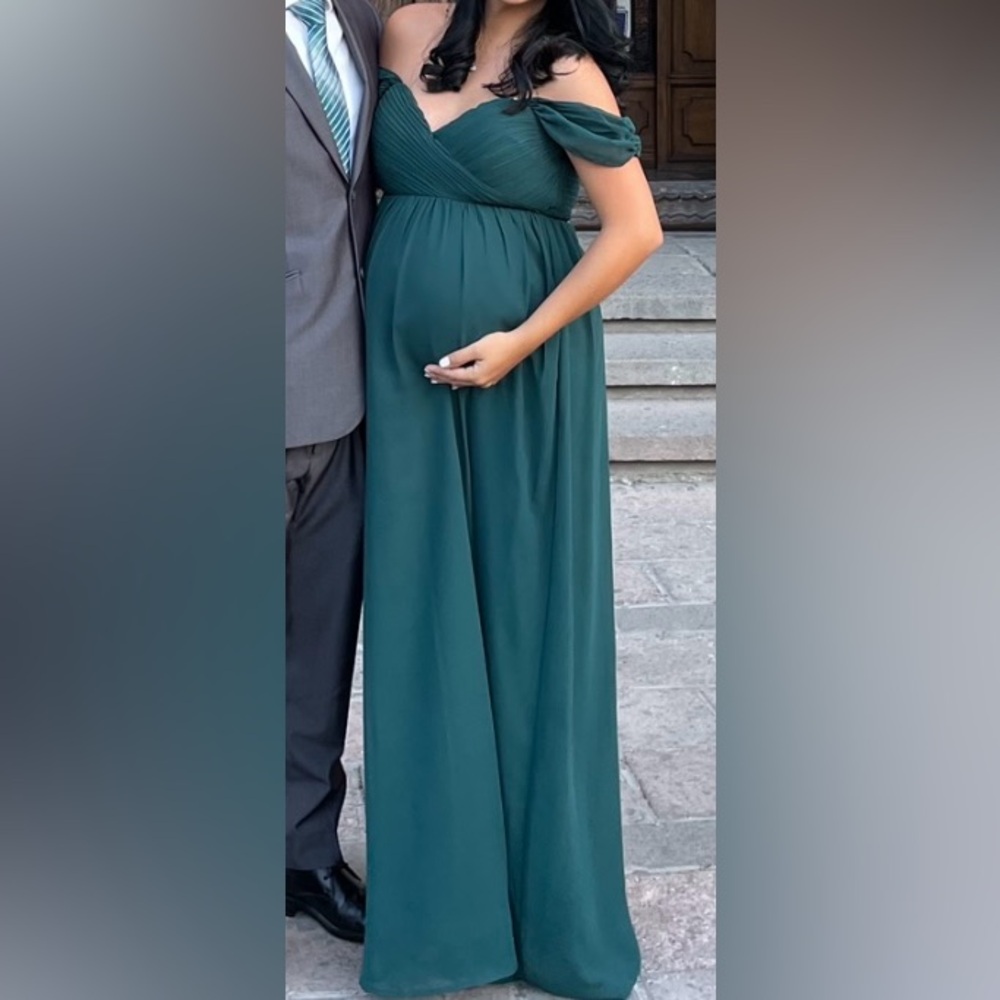 Green off shoulder chiffon maxi maternity dress. Size medium